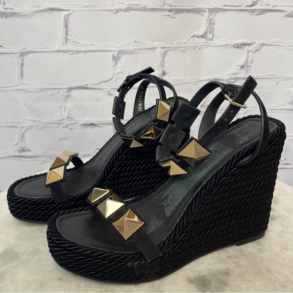 Valentino Black Wedge Sandals with Gold Pyramid Studs